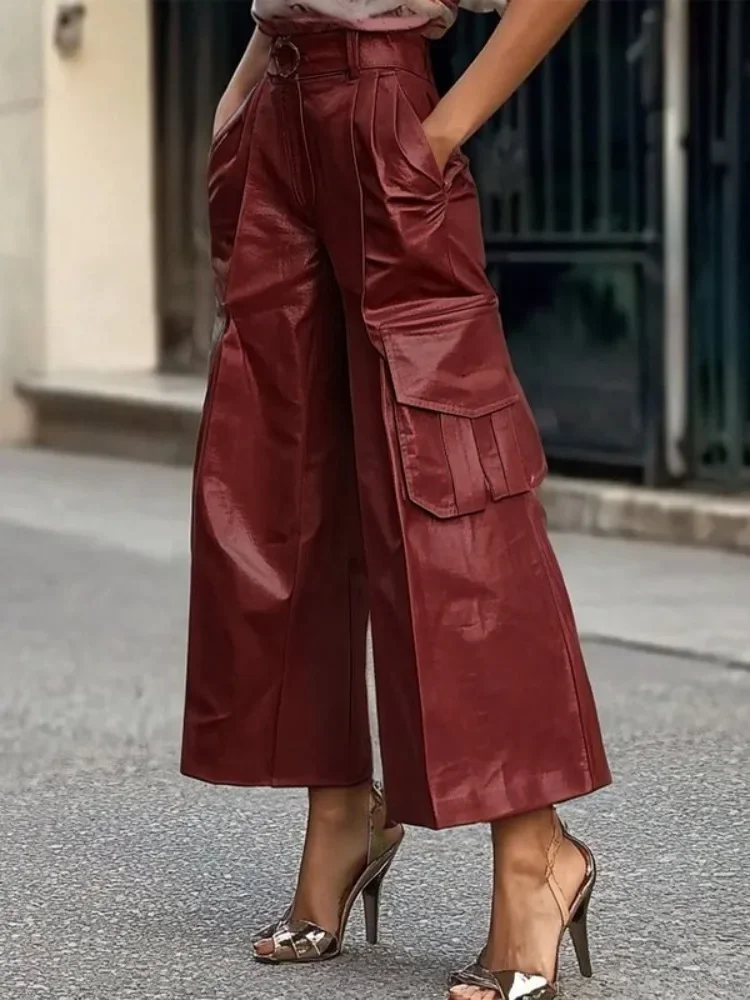 

Missuoo Solid Color Wide Leg Pants for Urban Women Autumn Fashion Solid Color Faux Leather Loose Fit Trousers Casual Capris