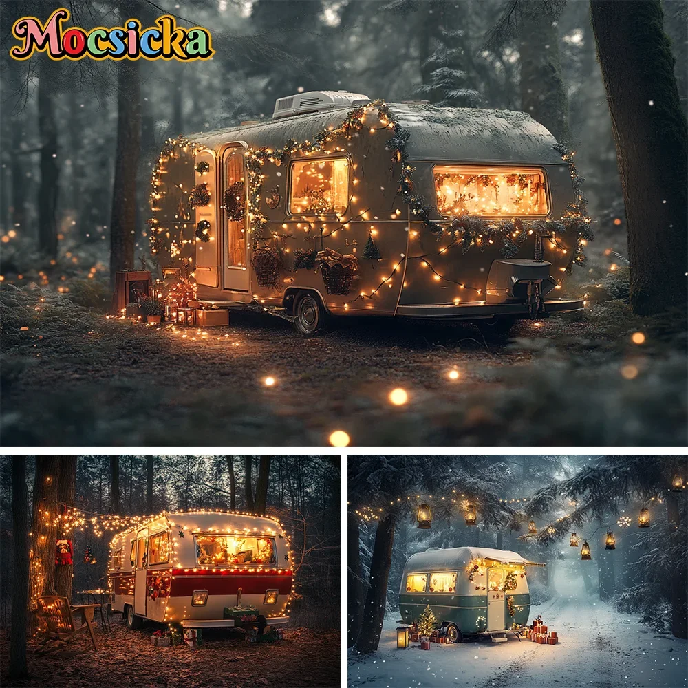 

Winter Snowy Bus Christmas Background Photography Camping Forest Xmas Trees Kids Family Portrait Christmas Backdrop Photo Studio