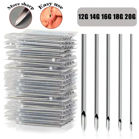 Bilashmart 100/50/5PCS Disposable Piercing Needles Ear Nose Navel Nipple Lip Piercing Tools 12G 14G 16G 18G 20G Sterile Piercing Needle