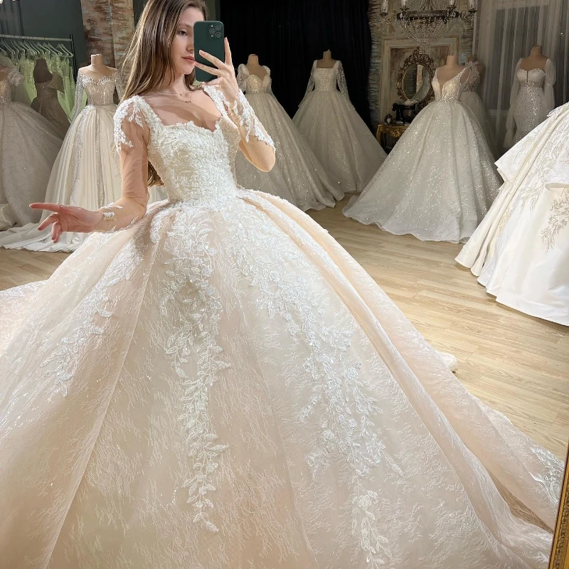 

Sexy Sweetheart Neck Ball Gown Wedding Dresses Luxury Appliques Lace Long Sleeve Lace Up Princess Bridal Gown vestidos de novia