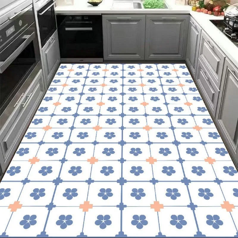 Blue Flowers Pattern PVC Leather Rug Waterproof Oil-proof Stain-resistant Kitchen Carpet Large Area Non-slip Floor Mats Tapis 러그