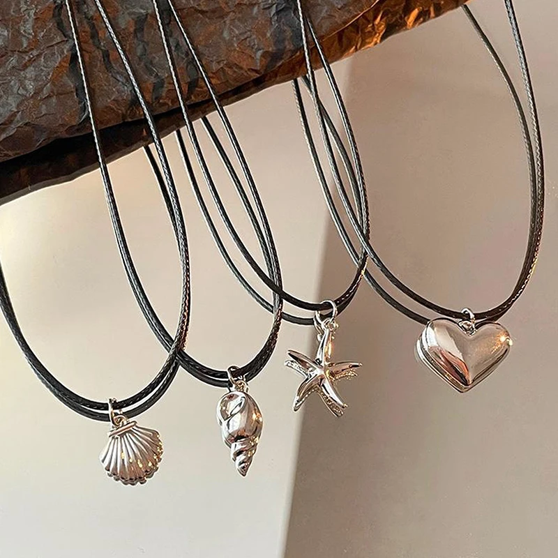 الرجعية الأسود حبل القلب شل قلادة قلادة للنساء الفتيات نجم البحر سلسلة الترقوة قلادة مجوهرات هدية اكسسوارات
