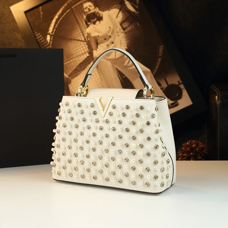 

2025 New Women's Bag Rhinestone Pearl Handbag Fashion Shoulder Messenger Bag Genuine Leather Luxury Small Square Bags