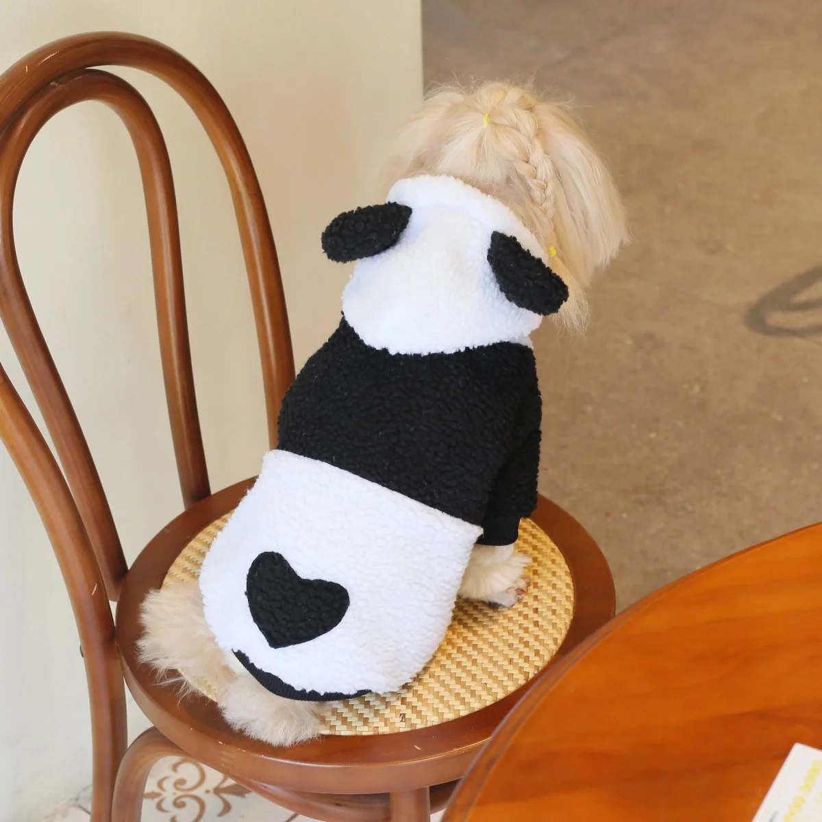 386A Cozy and Comfortable Panda Hoodie Featuring a Black and White Patchwork Design Made from Lambskin Material