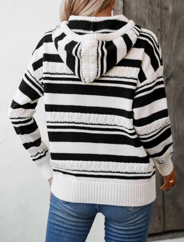 Striped women's fashionable casual sweater pullover hooded drawstring knit top 2024 autumn new women's clothing