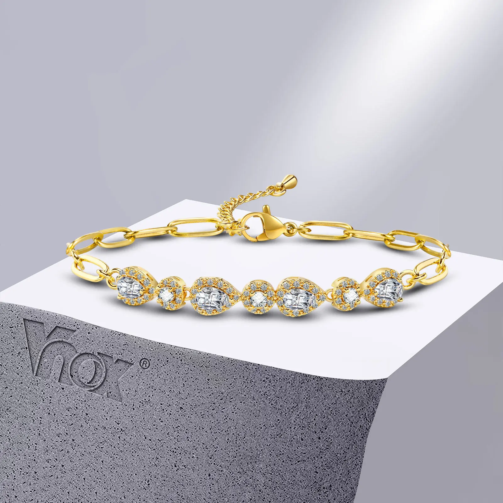 Vnox Bling Cubic Zirconia Bracelets for Women Lady Party Gifts, Gold Color Metal Link Chain Wristband New Fashion Bijoux