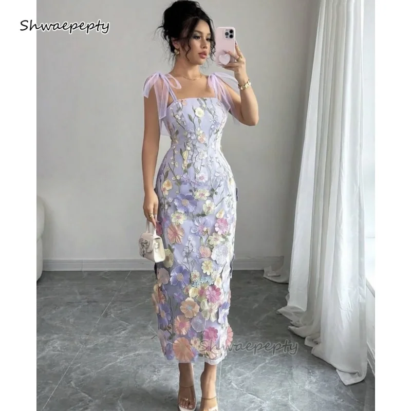 

Straight Floral Lace Prom Dress Spaghetti Sreaps Ankle Length Lavender Birthday Party Gown Customized Special occasion Wear