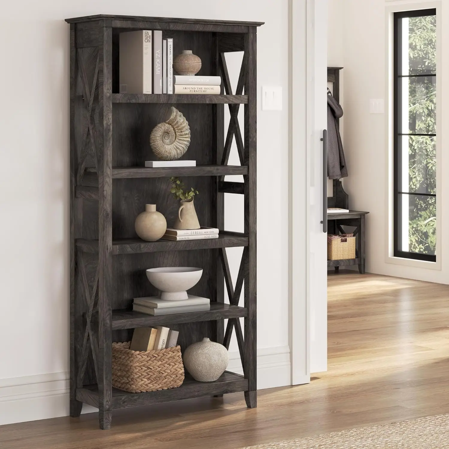 Bush Furniture Key West Bookcase Shelf | Open Bookcase in Dark Gray Hickory | Farmhouse Display Cabinet for Library, Bedroom, Li