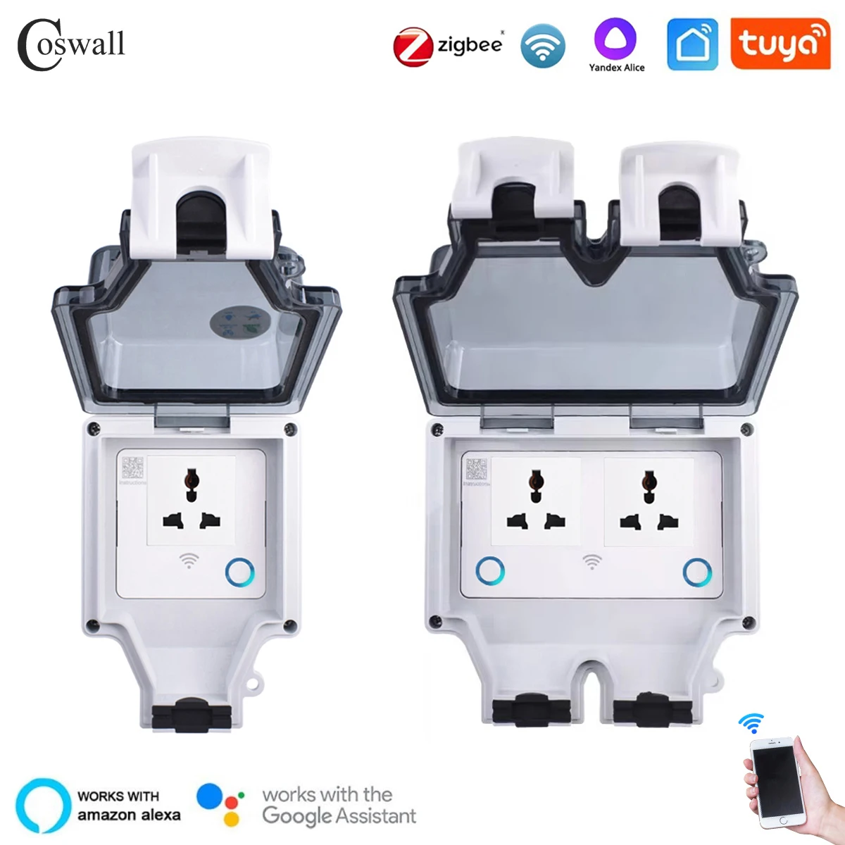 Coswall Tuya Wifi Voice Control IP66 Waterproof 13A Universal 3 Pin Socket Timer Switch Programmable Work With Alexa Google Home