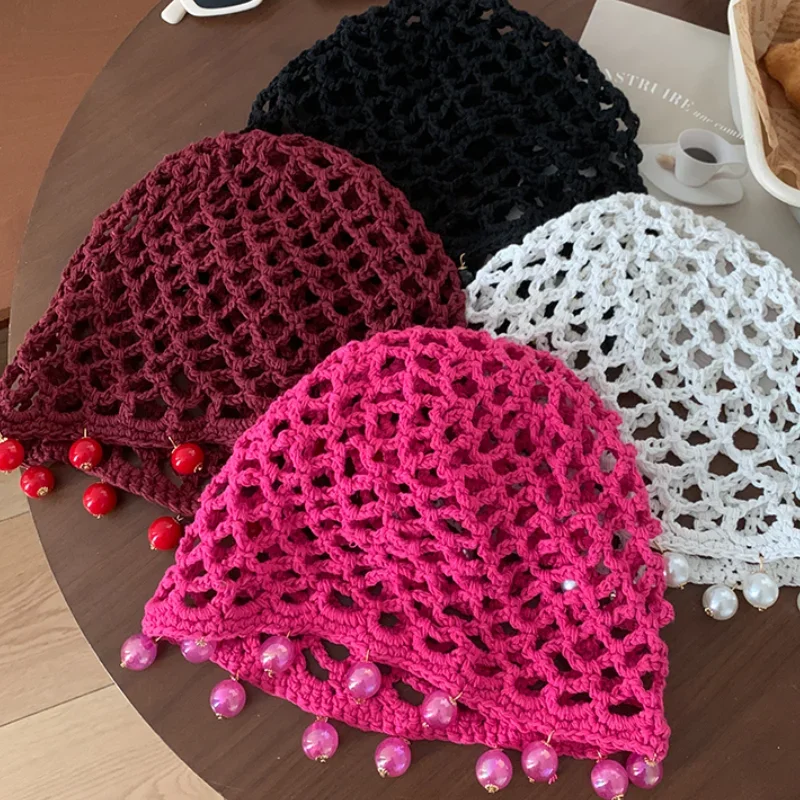 Ins Personalized Beaded Design Hand-woven Beanies Cap for Women Summer Autumn Travel Photo Versatile Retro Hollow Pullover Hat