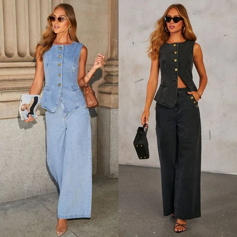 Women Jeans 2 Piece Set Denim Waistcoat Vest Sleeveless Single Breasted Distressed Suit Wide Leg Pants 2025 Streetwear Outfits