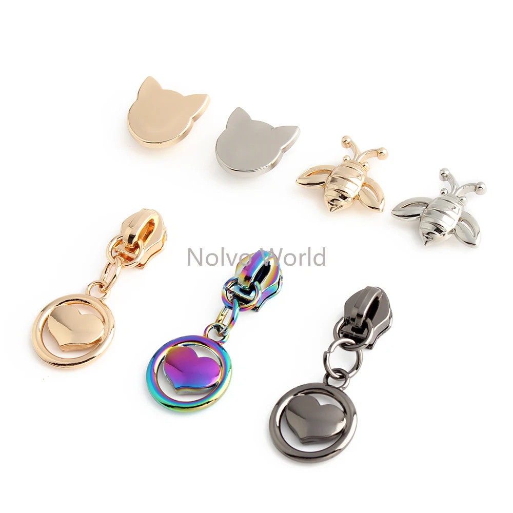 Love Shape 5# Nylon Zipper Puller Head Mtetal Rivets With Screw For Leather Garment Shoes Bags Cat/Bee Stud Pendants Accessories