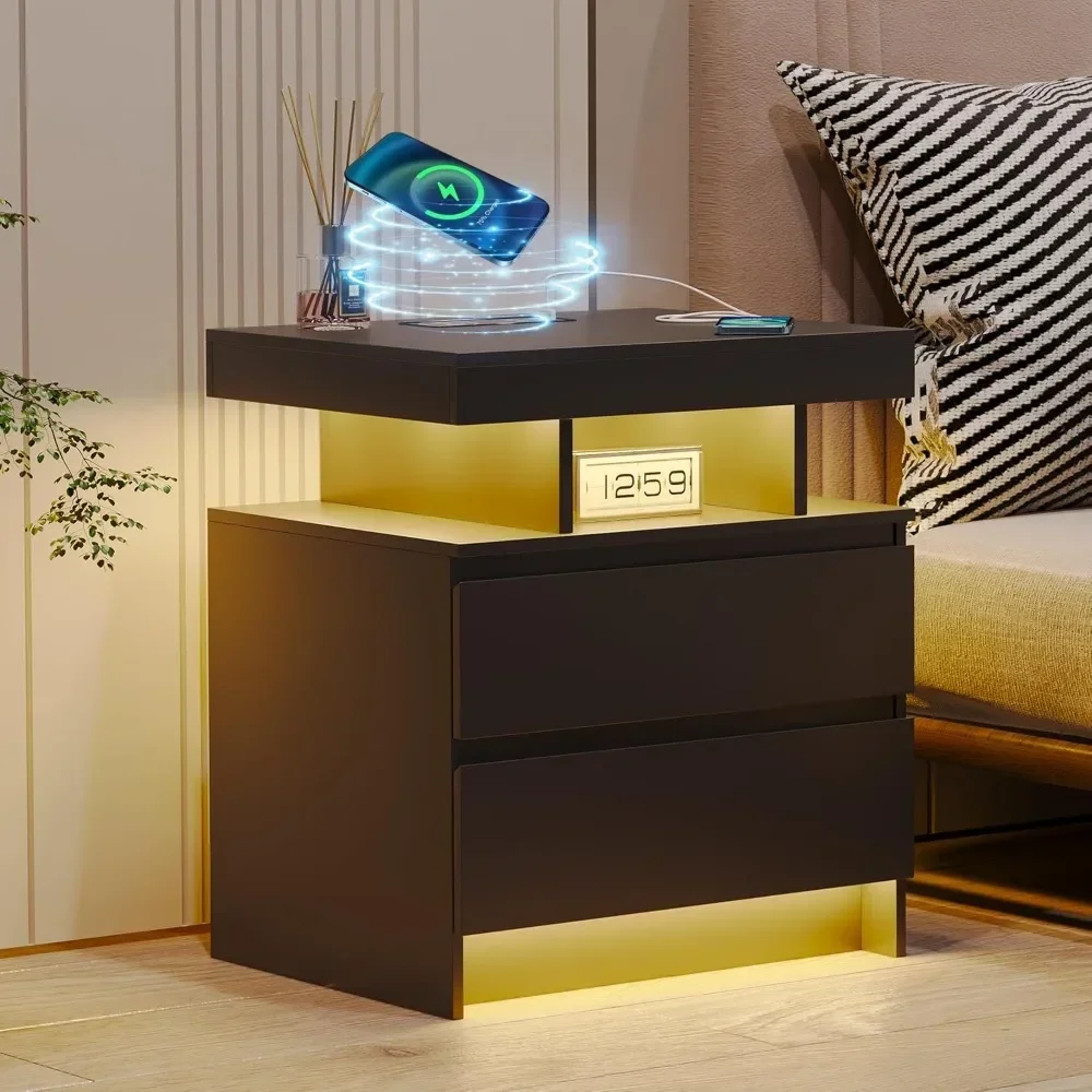 Nightstand with Wired/Wireless Charging Station, Auto LED Lighting Bedside Tables with Drawers, Night Stand with 3-Color