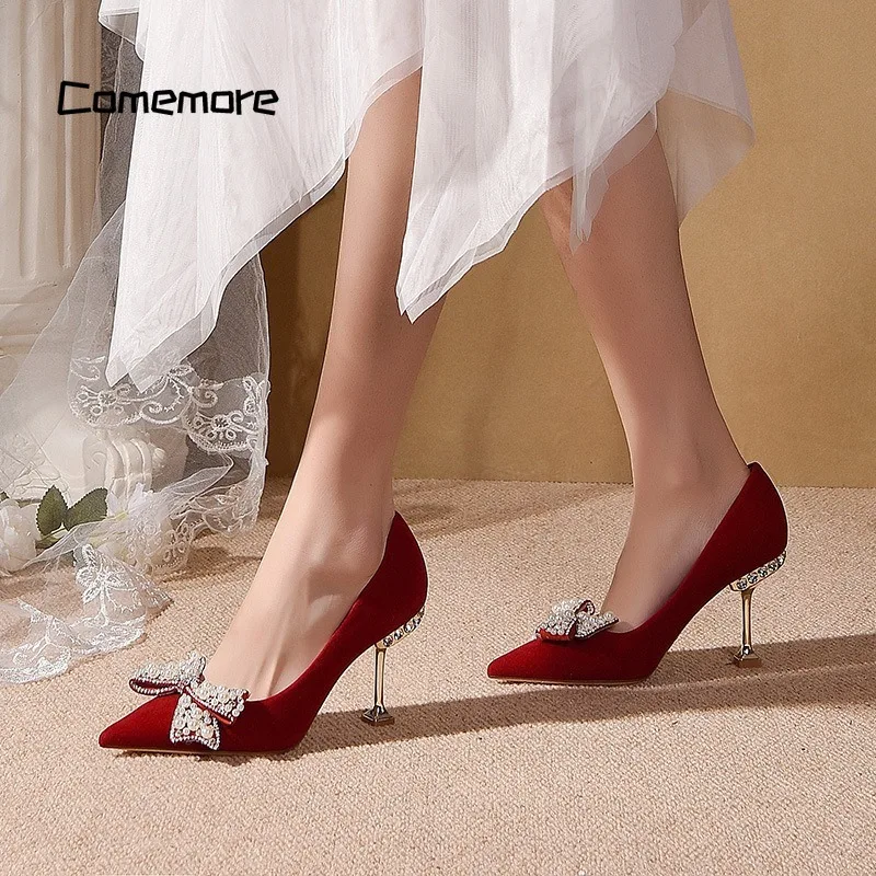 Comemore Women 2023 Spring Red Metal High Heels Wedding Elegant Shoes Woman Sexy Pointed Toe Pumps Ladies Sweet Bow Pearl Pumps