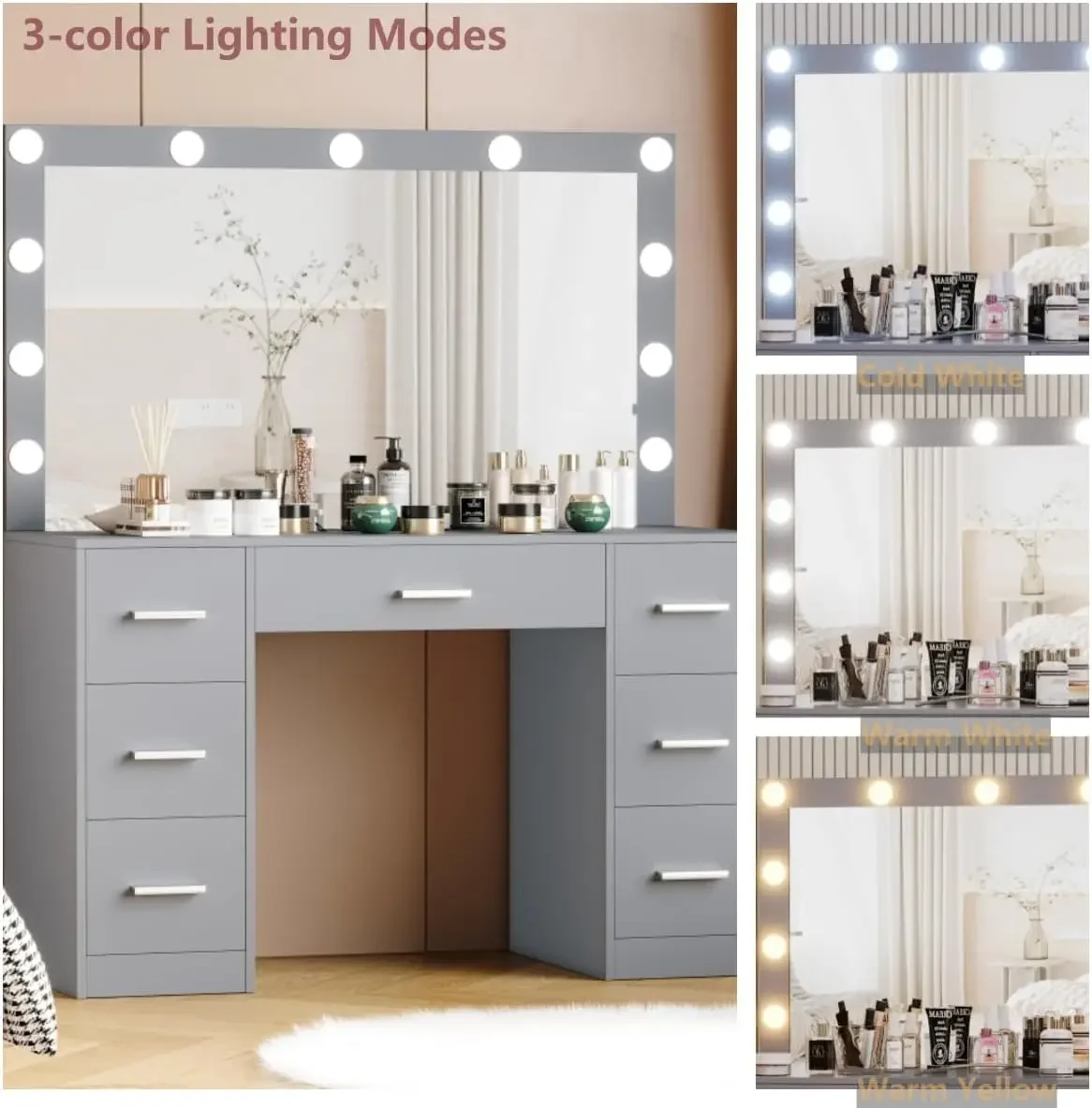 Vanity Table, Makeup Table with Lighted Mirror, 3 Color Lighting Modes, Brightness Adjustable, Dressing Table with Drawers image 4