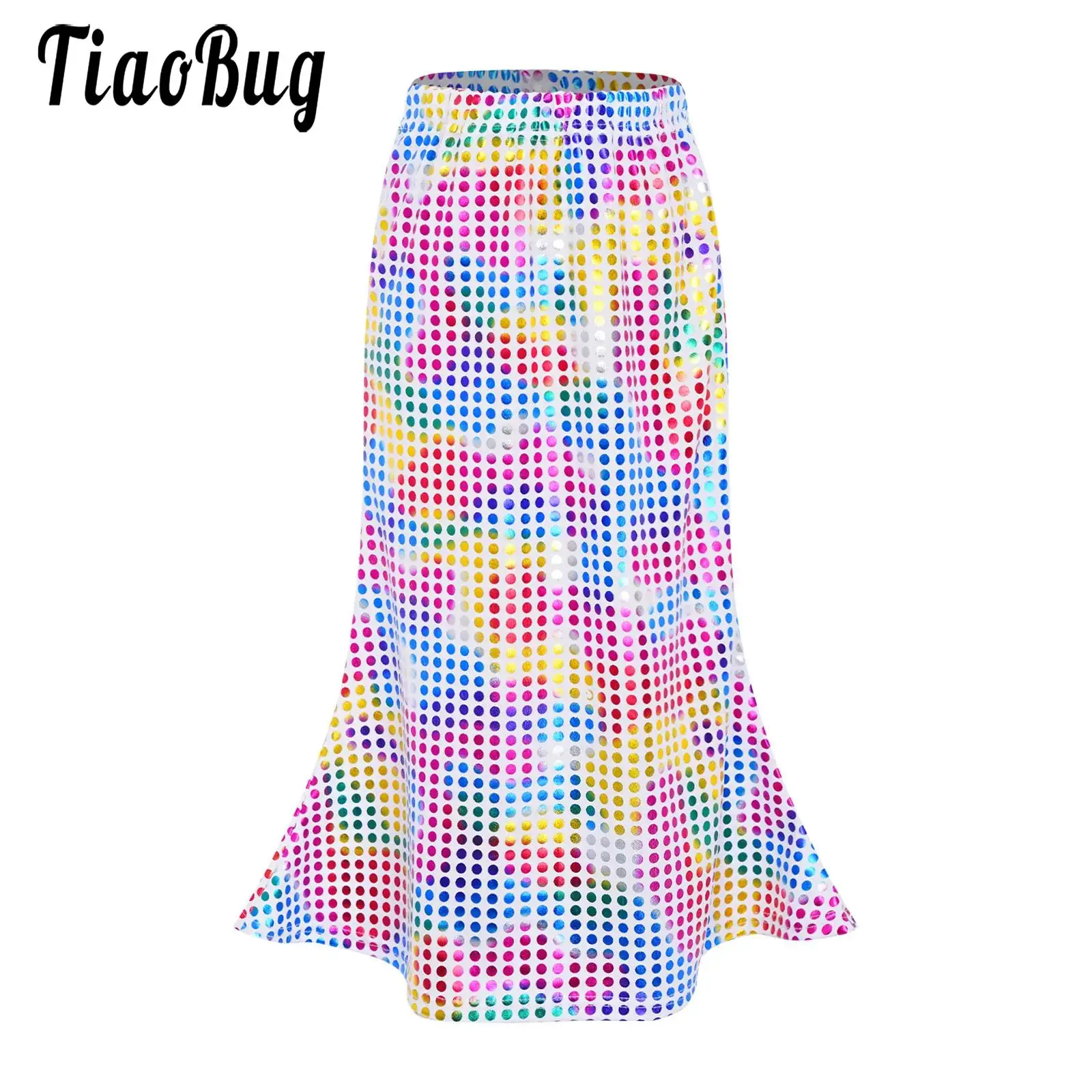 

Kids Girls Metallic Dots 70s Disco Dance Performance Skirts Elastic Waistband Flared Skirt for Chorus School Dance Show Costume