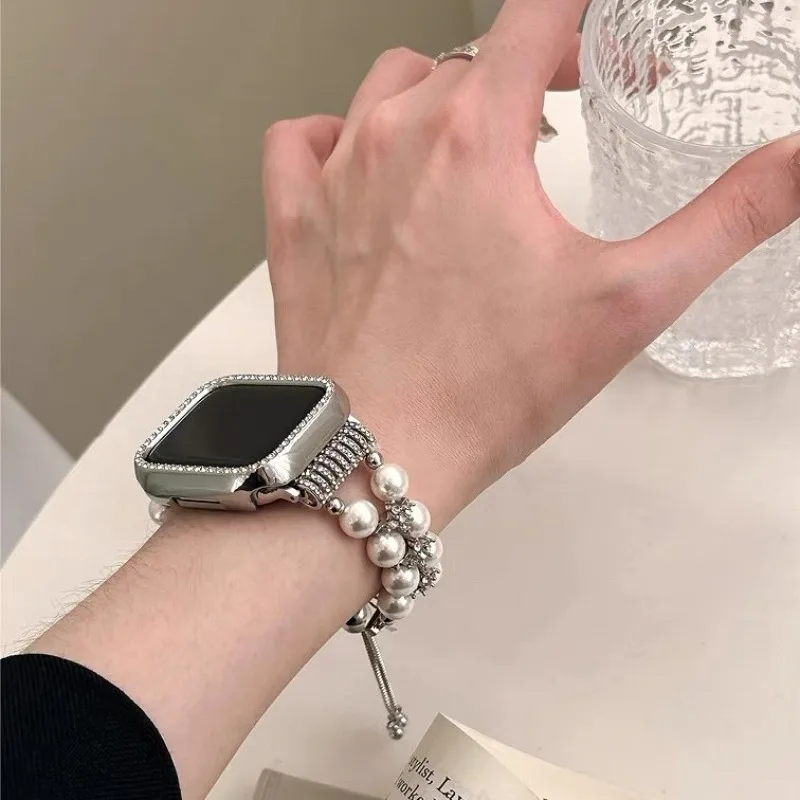 Damen-Armband mit Perlen und Diamanten für Apple Watch 46mm 49 45 44 42 41 40 38mm Armband iWatch Series 12 11 10 9 8 7 6 5 4 3 Ultra 2