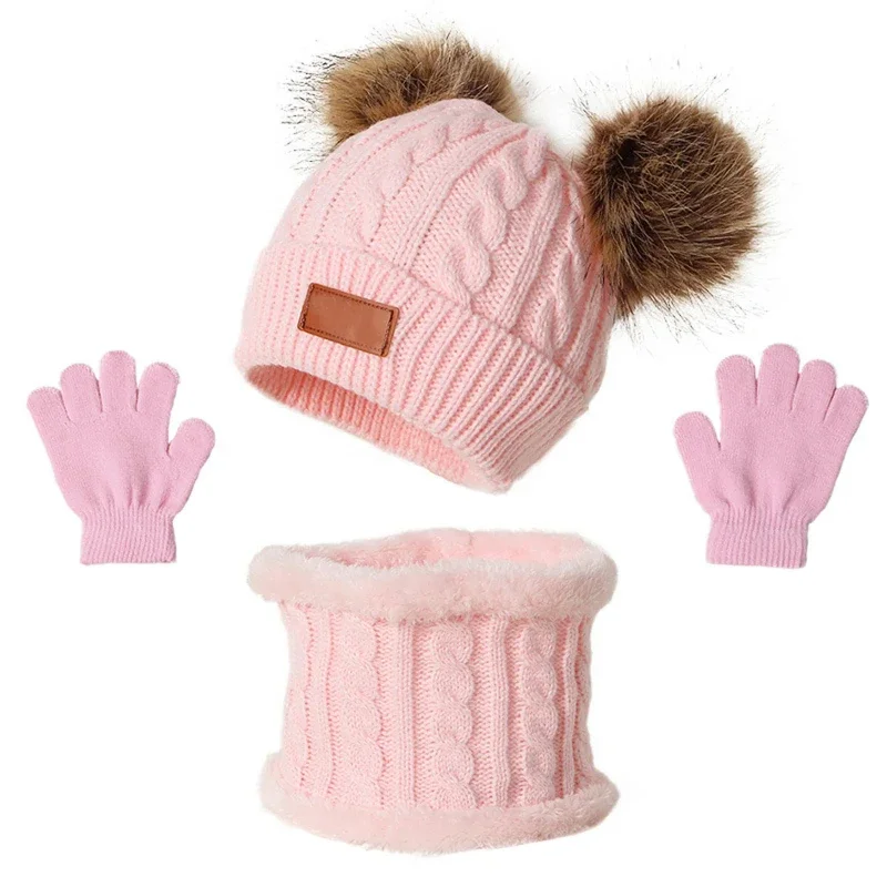 3pcs 2025 New Winter Toddler Kids Warm Knitted Pompom Hat Winter Solid Cap Scarf Glove Child Winter Warm Set Gifts For Kids