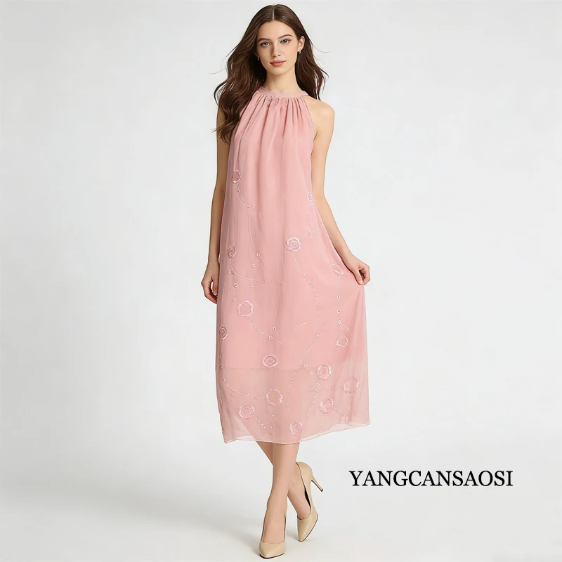 2026 primavera/verão novas roupas femininas sólido bordado natural amoreira seda pendurado pescoço dupla camada moda vestido