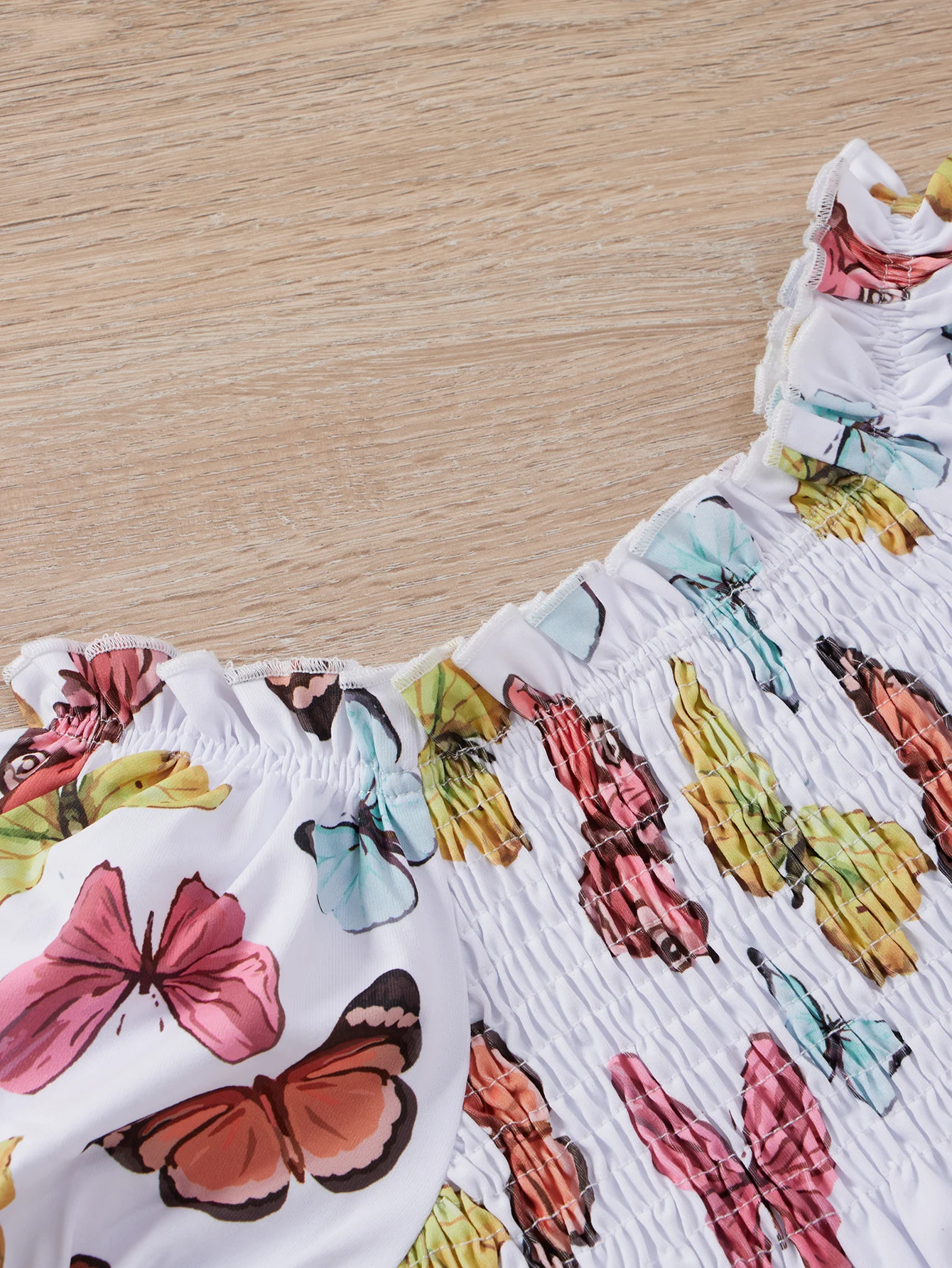 Spring colorful butterfly print girls\' dress - comfortable short sleeves and pleated neckline design