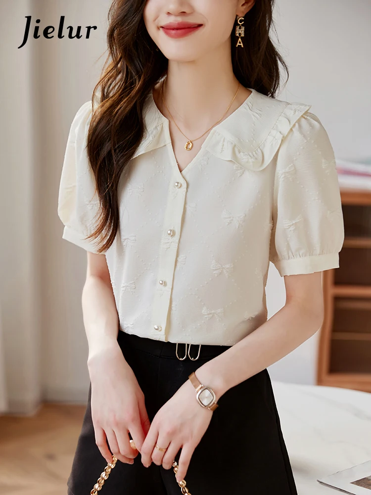 Jielur Korean Style Slim Puff Sleeve Female Blouse Chiffon Button Peter Pan Collar Women Blouses Office Lady Solid Color Shirt