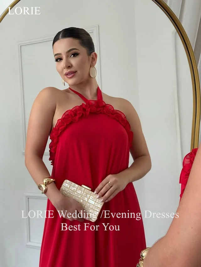 LORIE Schicke rote Chiffon-Abendkleider, gerüschte Neckholder-Bänder, rückenfreies Partykleid, A-Linie, bodenlange Ballkleider, individuell gestaltet