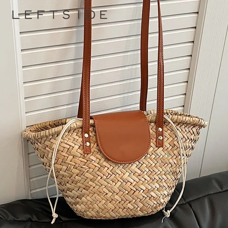 

LEFTSIDE Ribbon Design Small Straw Crossbody Bags for Women 2024 Summer Shoulder Bags Lady Travel Handbags Weave Beach Bag