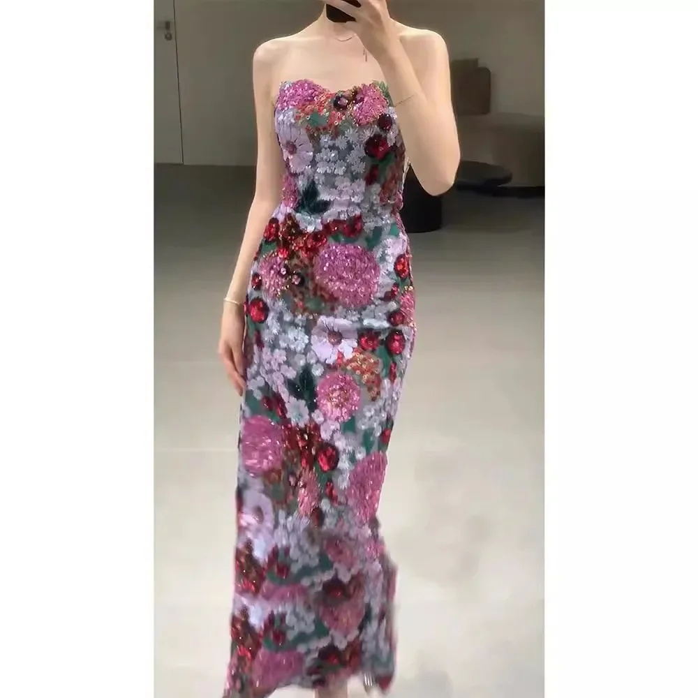 Sexy Party Evening Dresses for Women Retro Arabic Unloadable Puff Sleeves Sequined Slimming Long Skirts Strapless Dress Vestidos