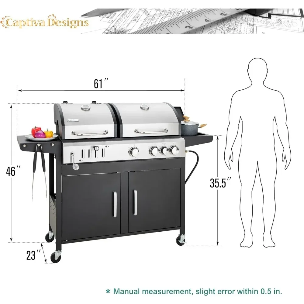 Designs Propane Gas Grill and Charcoal Grills Combo with Side Burner & Porcelain-Enameled Cast Iron Grate, Dual Fuel BBQ Grill