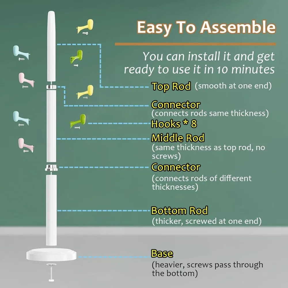 ราวแขวนเสื้อแบบตั้งพื้น ปรับความสูงได้ พร้อมตะขอ ABS 8 อัน ราวแขวนเสื้อเด็กบนฐานกลมที่มั่นคง ขนาดกลาง