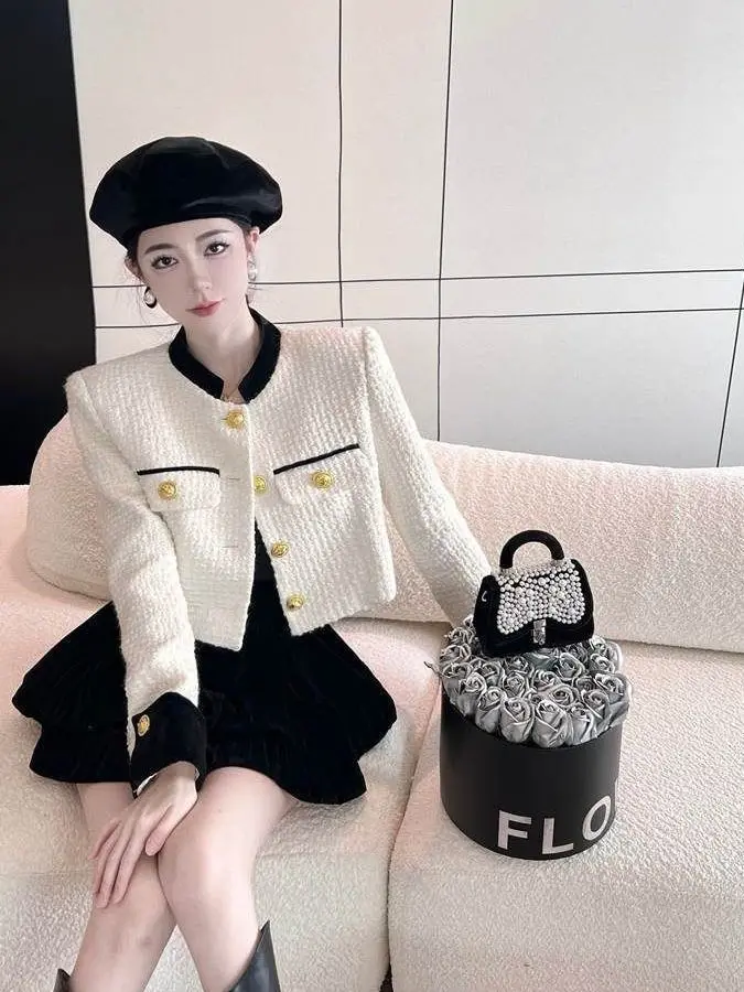 

Ele ort Coat French Sle Loose Fit Contrast Color Lapel Button up Top for Women Autumn Winter New Coarse Tweed Jaet