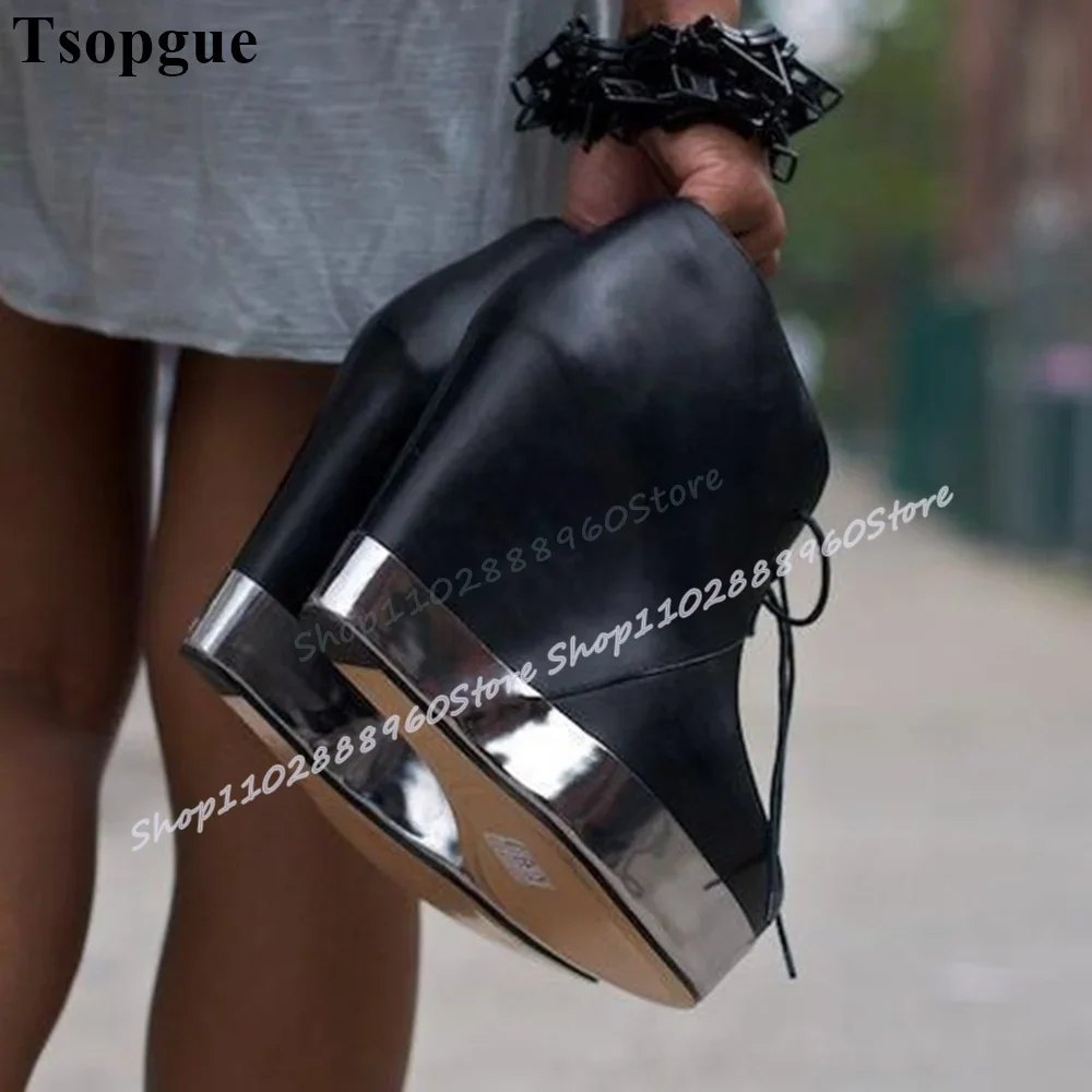 Schwarzes Leder, gespleißt, silberne Plateau-Pumps, Keilabsatz-Schuhe für Damen, Kreuzgebunden, runde Zehen, lässig, trendige Damen-Pumps