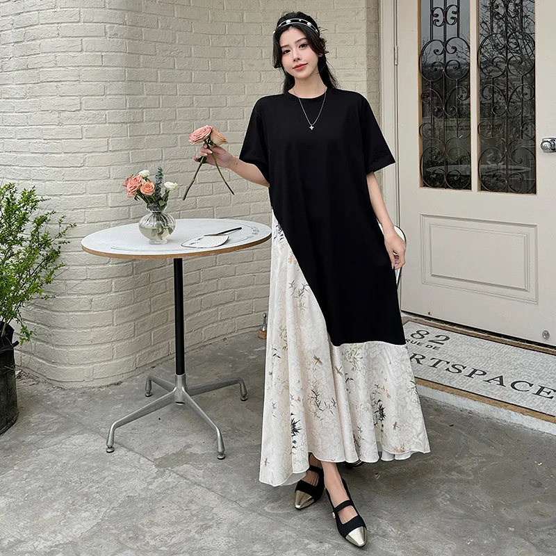 Plus Size Women's Summer Dress 2025 Korea Style Loose Jacquard Satin Long Dress Robe Short Sleeve Elegant Elbise Midi Dress