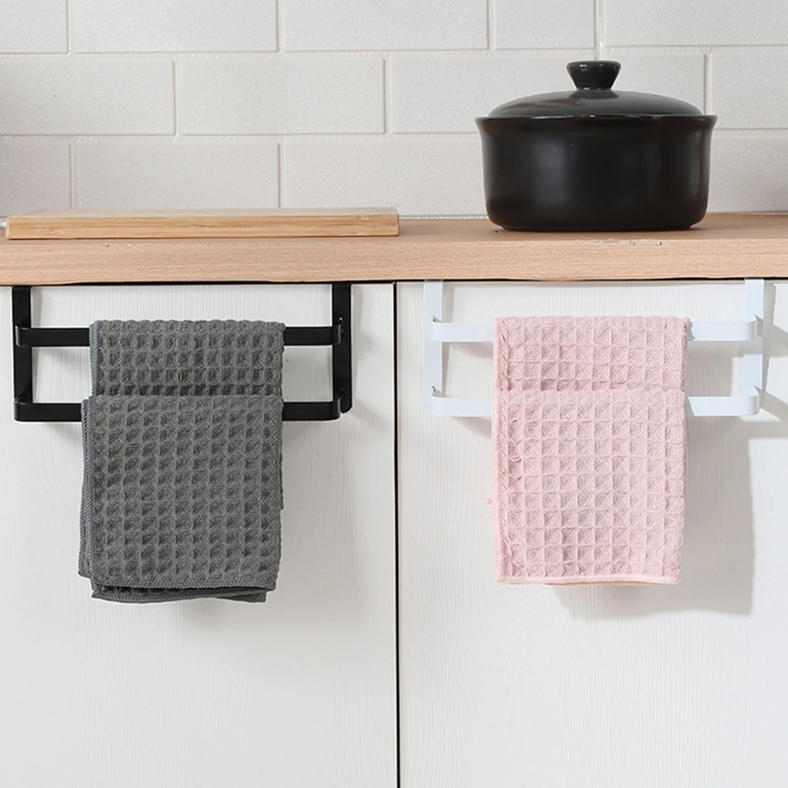 

No Drill Towel Hanger Over Cabinet Door Rack for Kitchen Bathroom Storage Organizer with Hooks for Hanging Towels Sponges Cloths