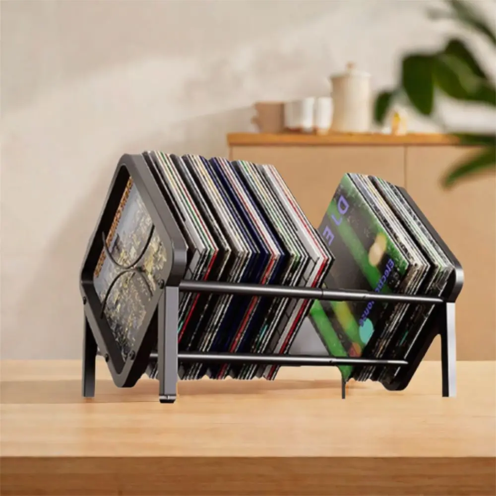 Carbon Steel Vinyl Record Holder Black Large Capacity Vinyl Record Storage Rack Adjustable Anti-slip Desktop Bookshelf Office