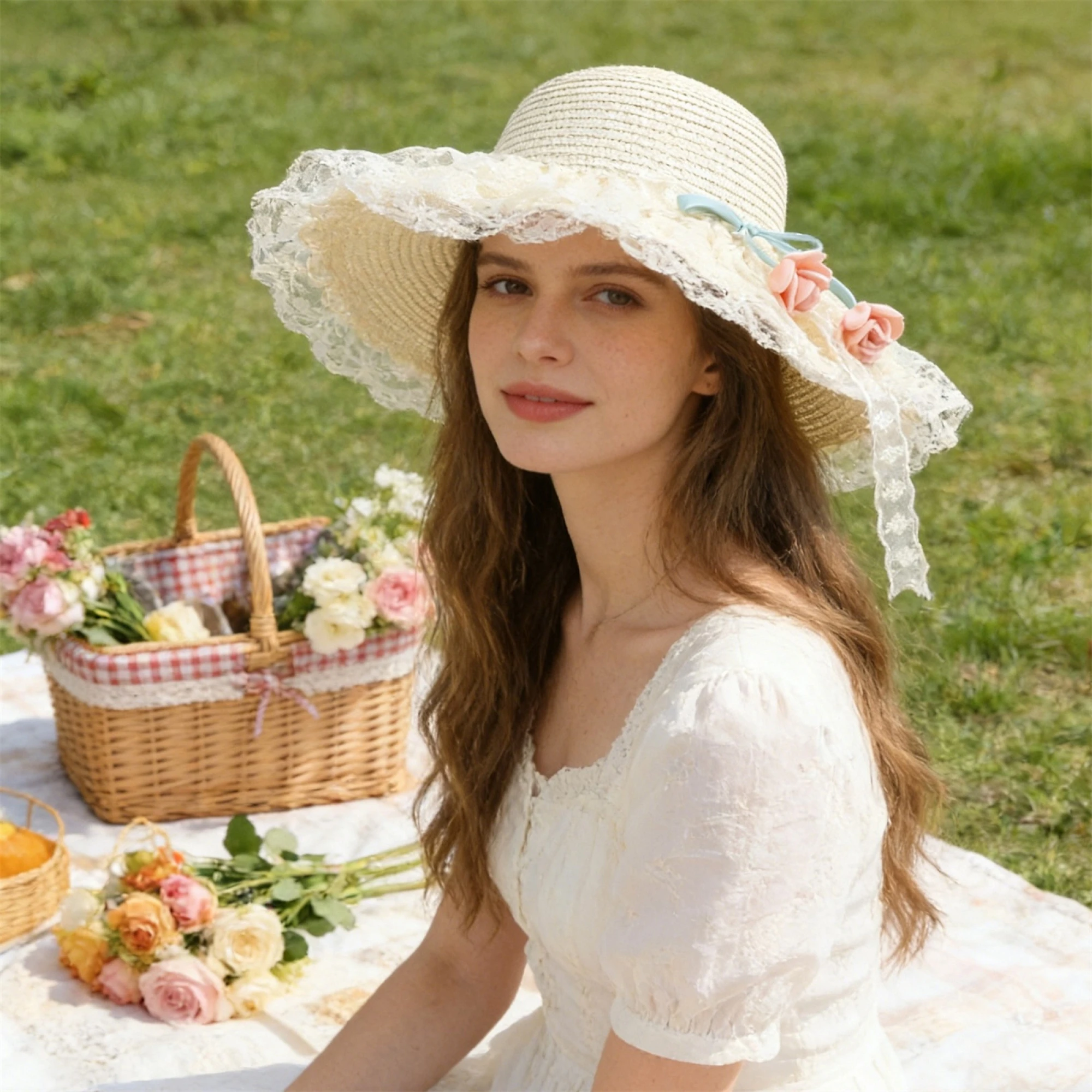 

Elegant Women s Wide Brim Sun Hat with Breathable Lace Flower Design Stylish Beach Hat for Summer Vacation