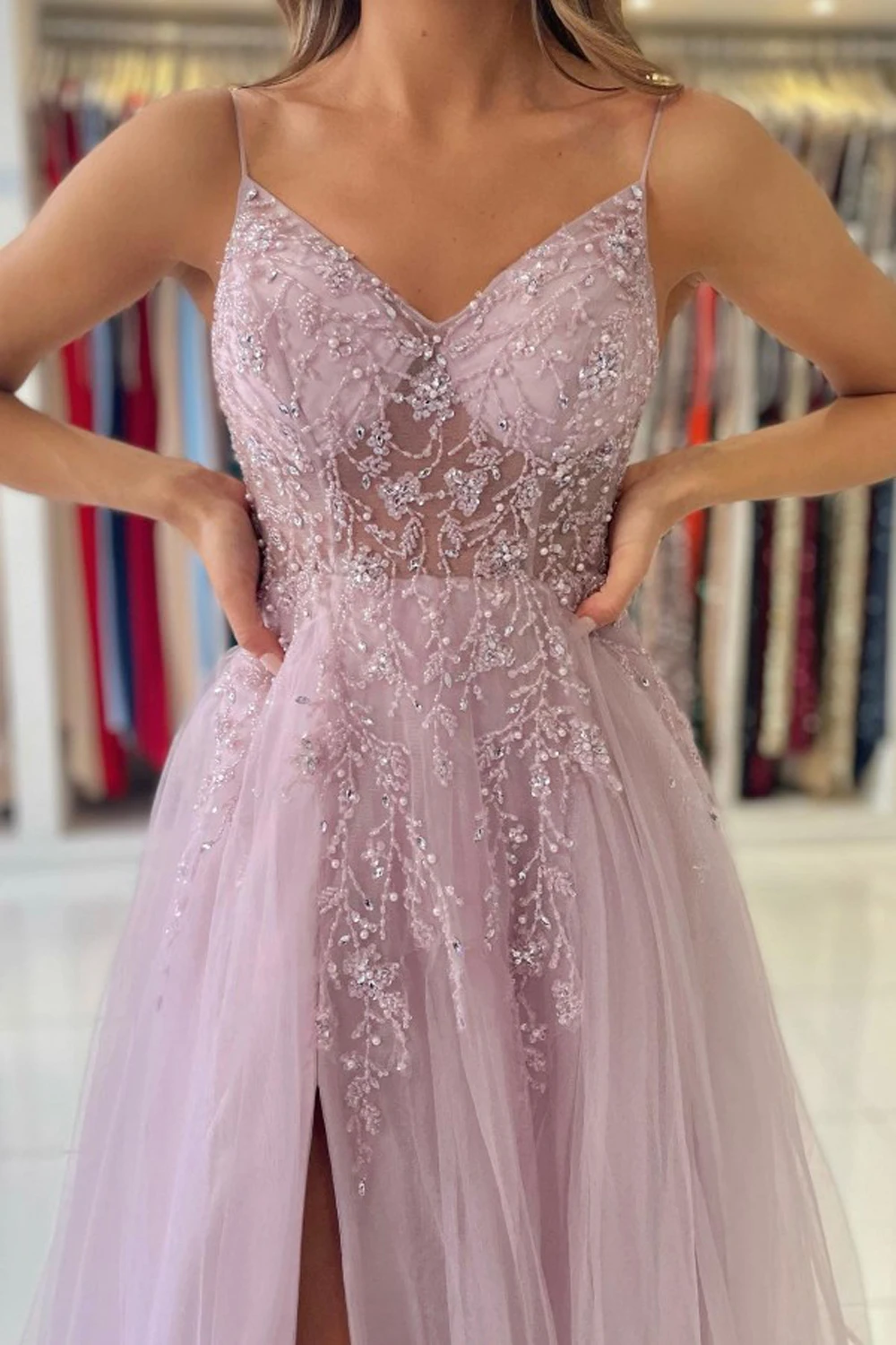 Spaghetti Strap Sparkly paillettes Beadings abiti da sera per le donne 2023 Pink Soft Tulle Party Gown High Split A Line senza maniche