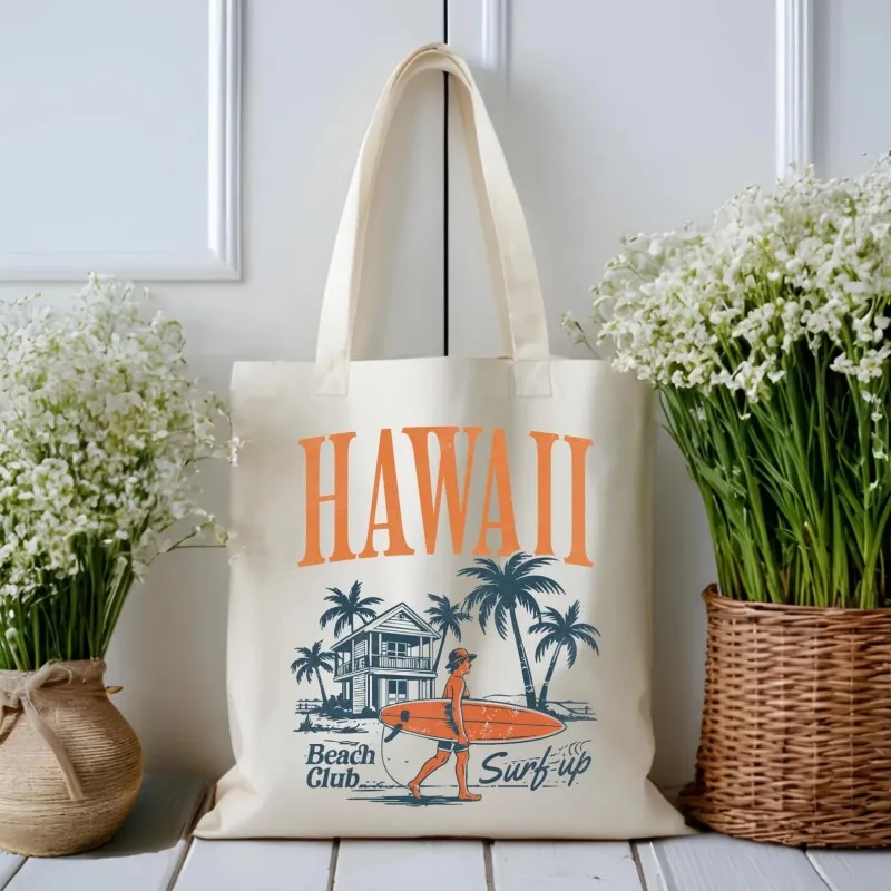 

Hawaii Beach Club Tote Bag Vintage Surf Print Tropical Palm Tree Design Reusable Bag for Vacation and Beach