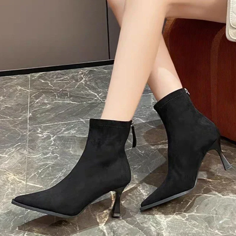 High Heels Ankle Boots Women Leopard Pointed Toe Shoes Winter New 2024 Trend Chelsea Snow Botas Pumps Fashion Sexy Zapatos Mujer