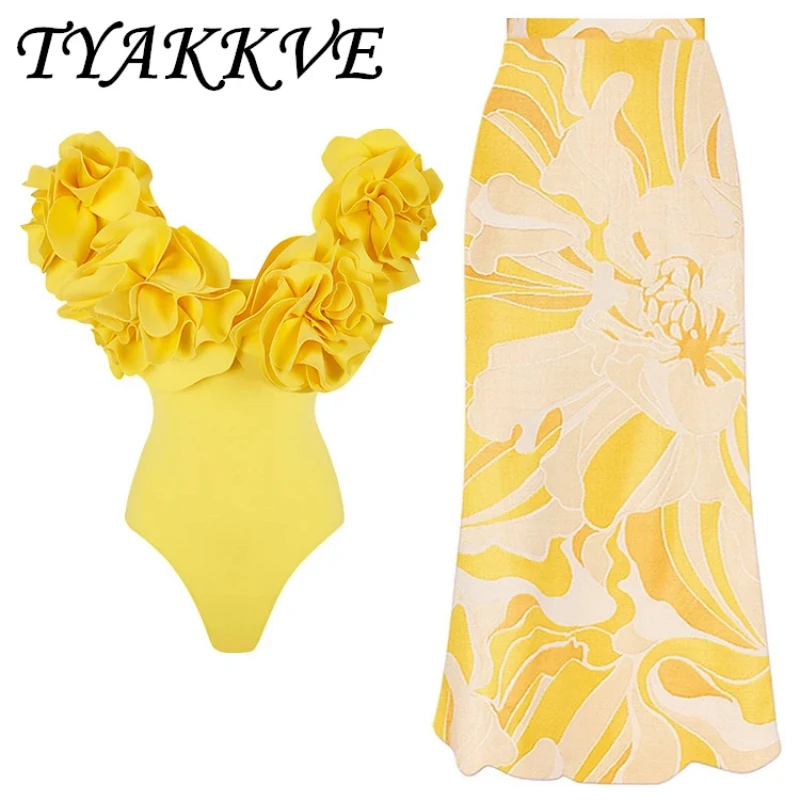 

2024 Sexy Luxury Solid Color Women's Swimsuit Yellow One-piece Swimsuit 3D Flower Skirt Set Beach Swimwear Female Two-piece Set