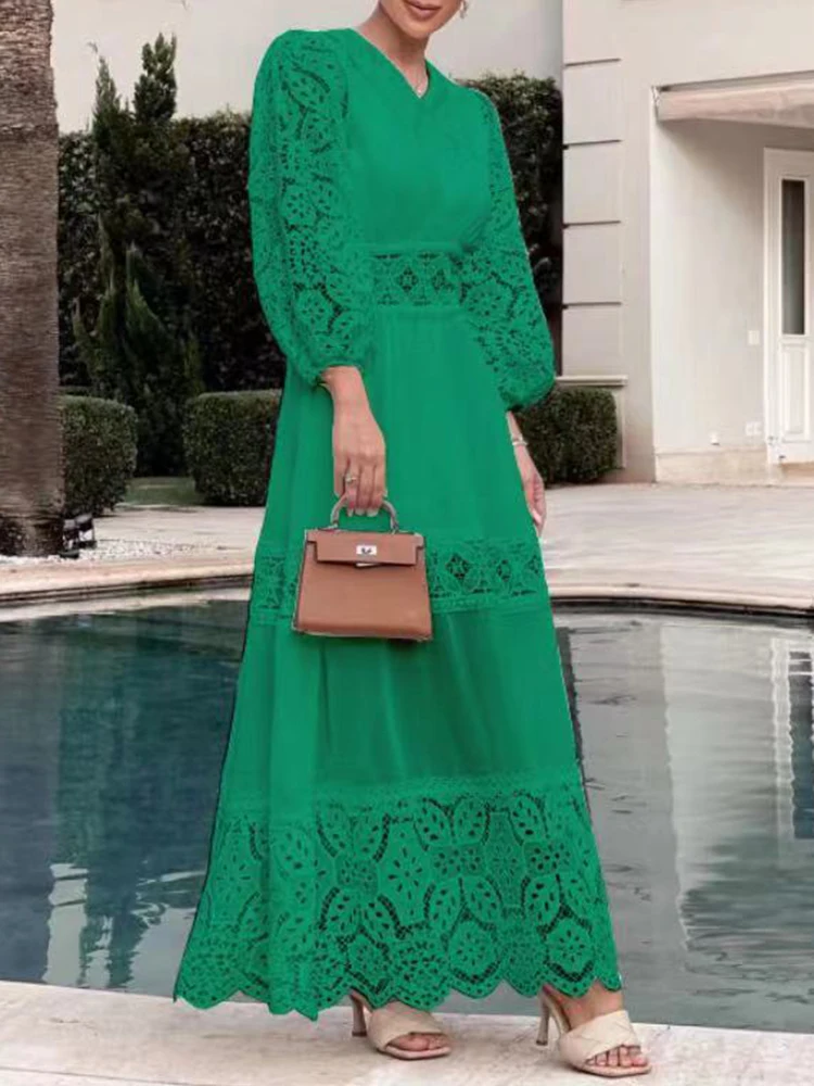 Vgh-女性のための花柄の刺繍入りカットアウトドレス,新しいファッション,ラペルランタンスリーブ,ハイウエスト,無地,エレガント,ファッショナブル