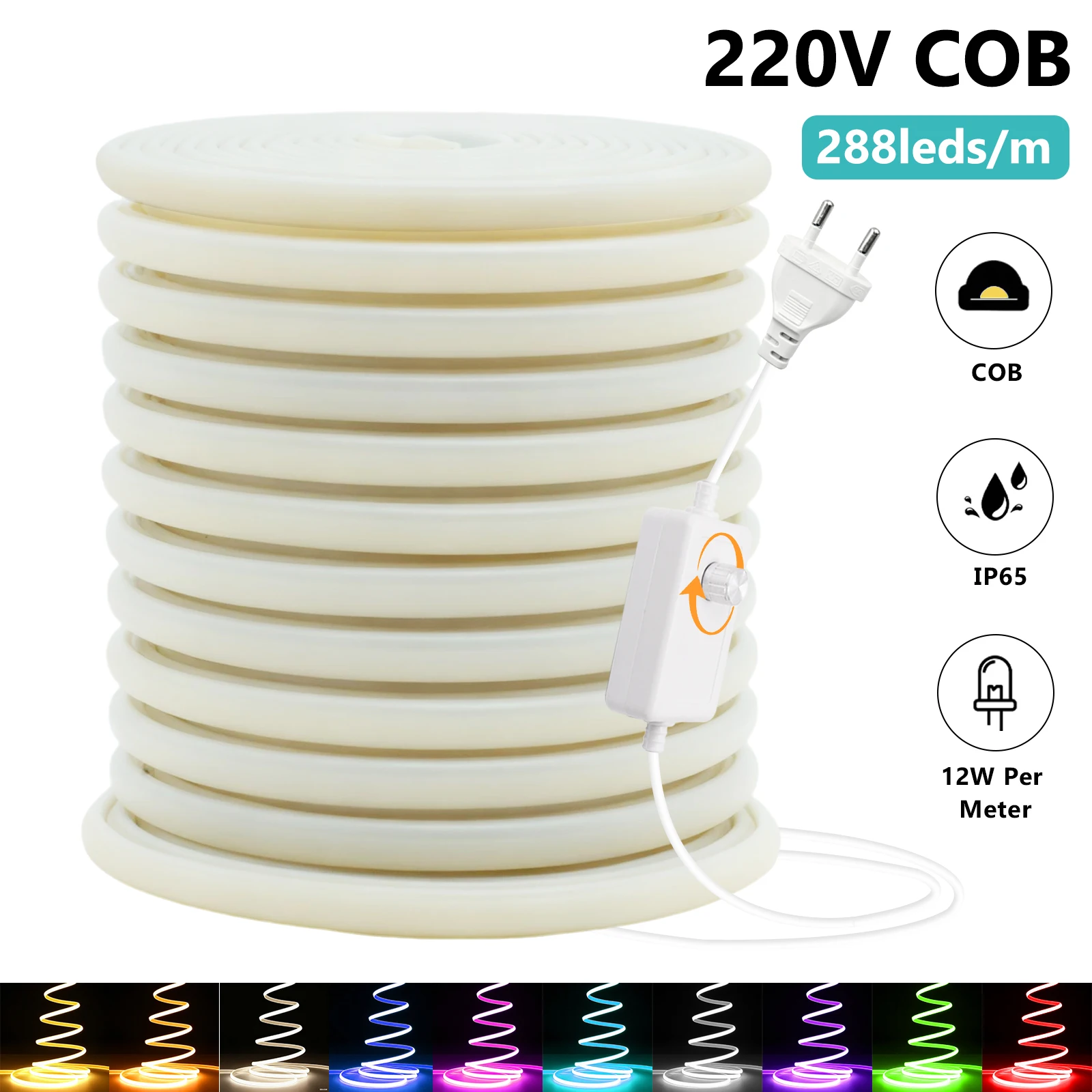 220V COB LED Light Strip IP65 Waterproof Ribbon Tape With EU Dimmer Switch Plug Flex FOB Neon Strips For Home Garden Lighting view 6