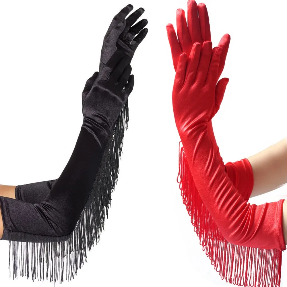 Gants longs simples et élégants pour femme, à franges et pompons, extensibles, pour la danse sur scène et les fêtes d'Halloween