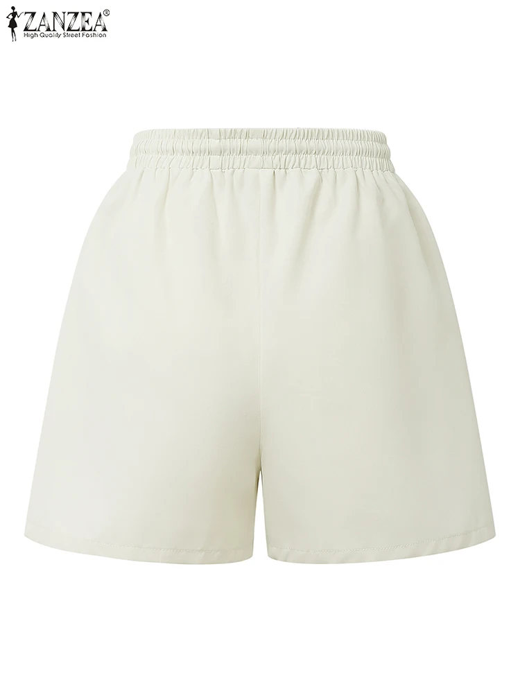 ZANZEA Damskie Szorty do Pracy Modne Szerokie Nogawki Lato 2025 Szorty ze Sznurkiem Elastyczna Talia Kieszenie Luźne Szorty w Jednolitym Kolorze