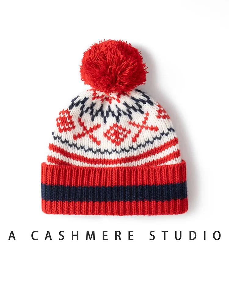 

New Women 100%Cashmere Hat Autumn Winter Faire Isle Jacquard Hats Soft Warm Pullover Caps Casual Simple Style Cashmere Hats Tops