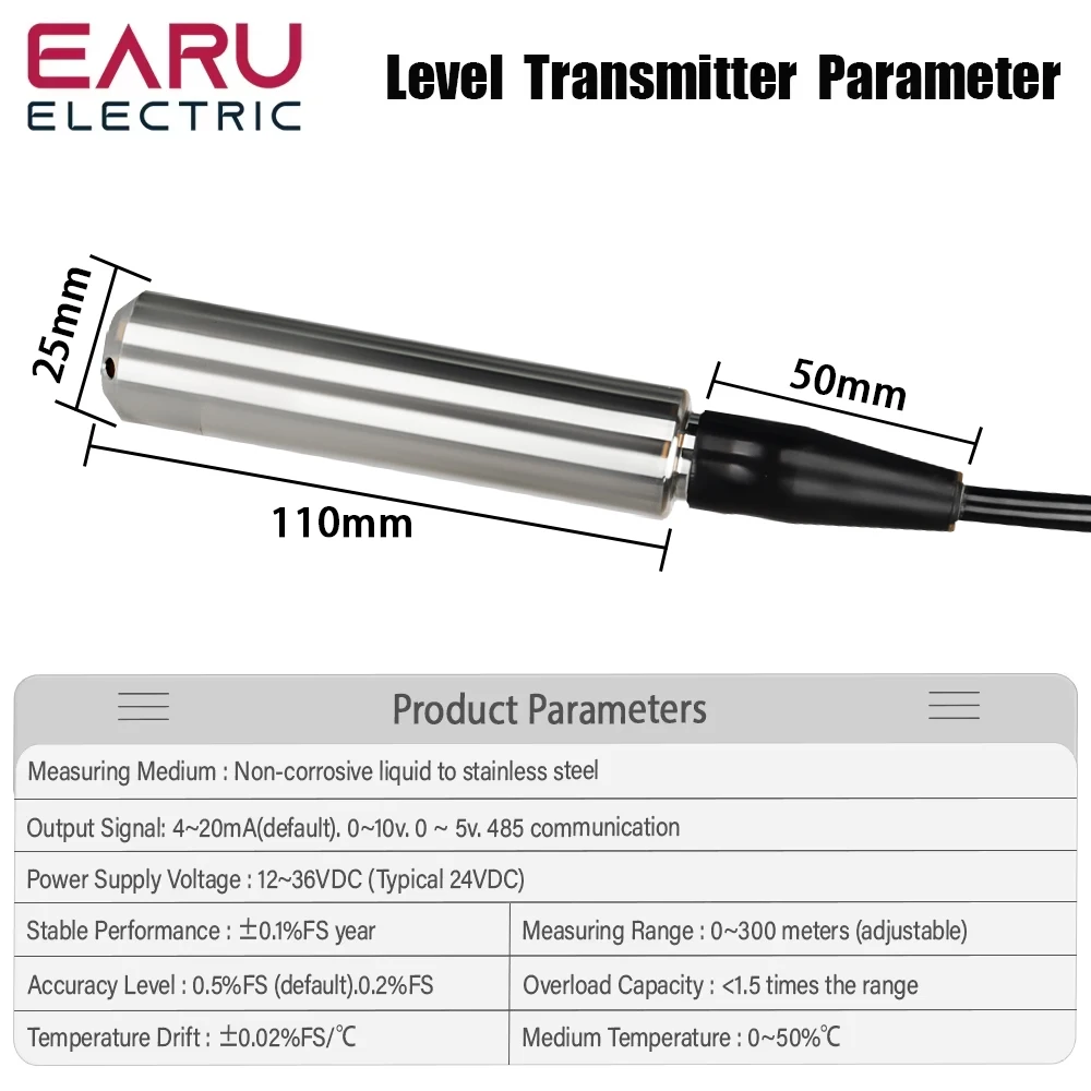 Imagem -02 - Sensor de Nível 420ma 05v 010v Rs485 Saída Transmissor de Nível Líquido Sensor de Nível de Água Sonda Detector Controlador Interruptor Flutuante