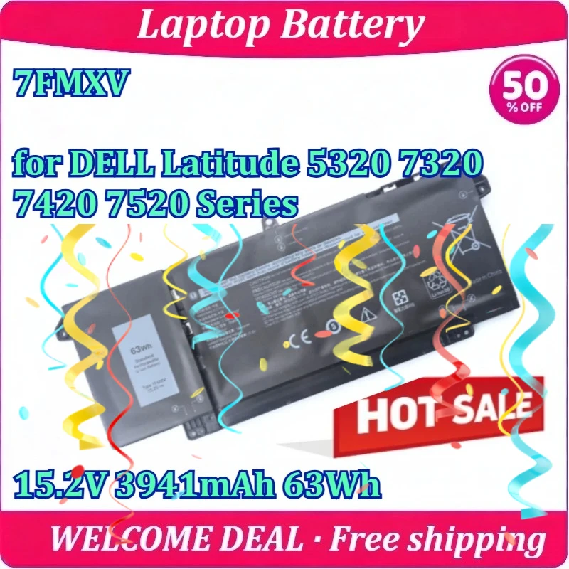 

New Laptop Battery 7FMXV for DELL Latitude 5320 7320 7420 7520 Series 15.2V 3941mAh 63Wh Long Endurance Lithium Battery