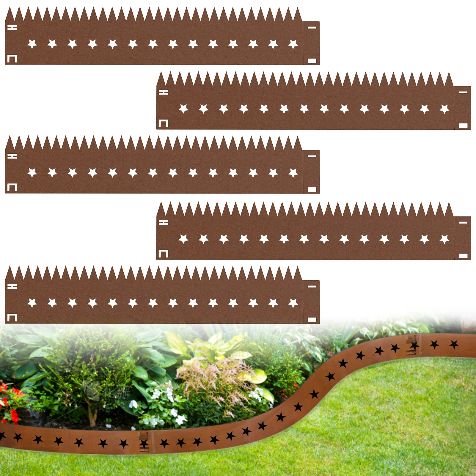 5Pcs 5.37M Star Style Metal Garden Edging Steel Lawn Border with 5cm Spikes Rust Brown for Flower Beds Pathways Yard