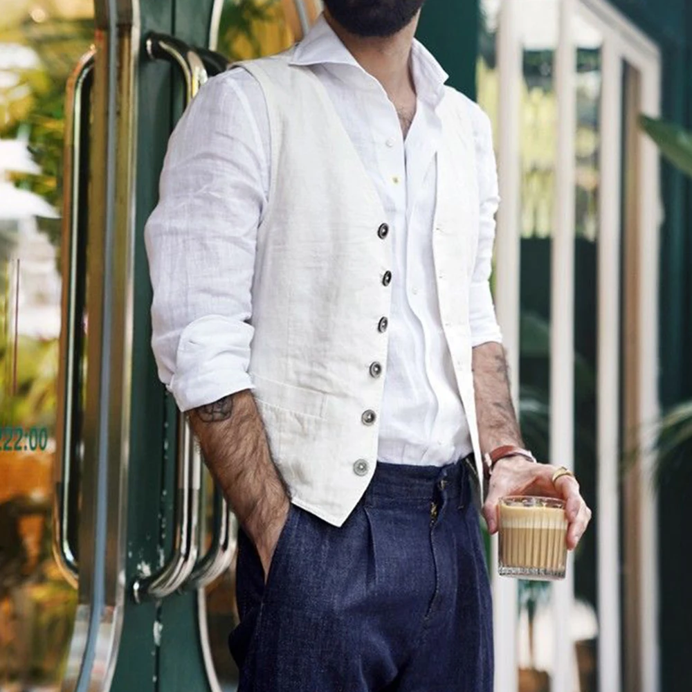 

Navy Blue Cotton Linen Vests for Men V-neck Waistcoat Boutique Jacket Casual Vest Groosmen Male Groom Wear Clothing Man