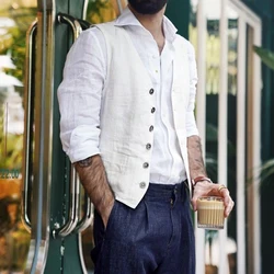 Navy Blue Cotton Linen Vests for Men V-neck Waistcoat Boutique Jacket Casual Vest Groosmen Male Groom Wear Clothing Man